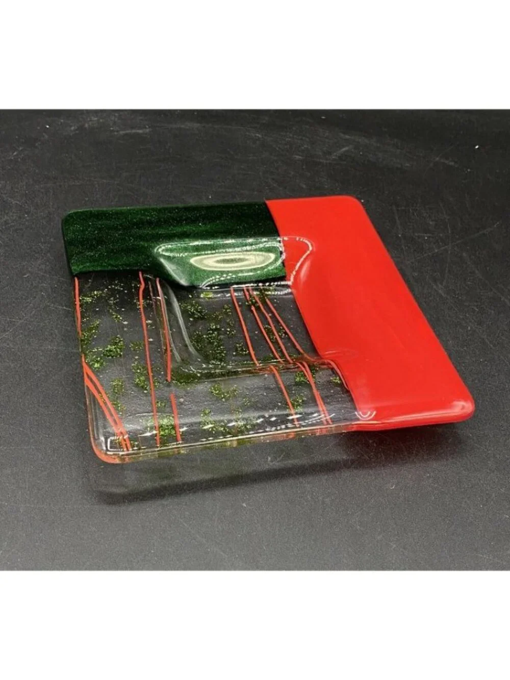 Fused Art Glass Trinket Dish Glitter Dichroic Green & Red 6” Square 